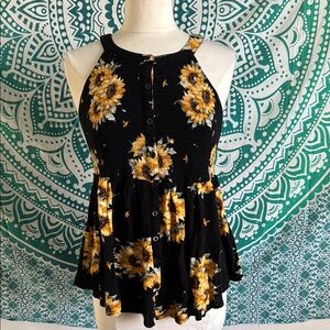 Sunflower Print Black Sleeveless Top